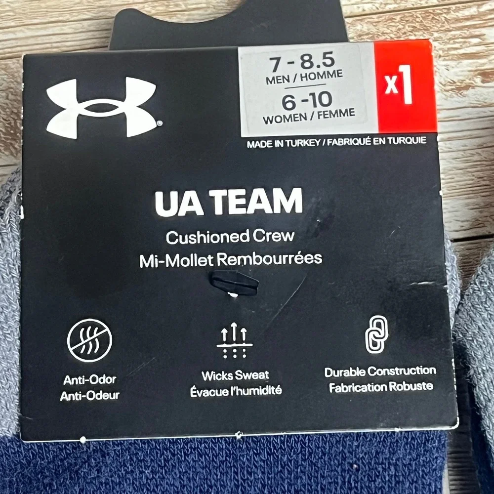 2 Under Armour UA Team Cushioned Crew Socks Navy Grey Men Women Size 7-8.5 6-10‎